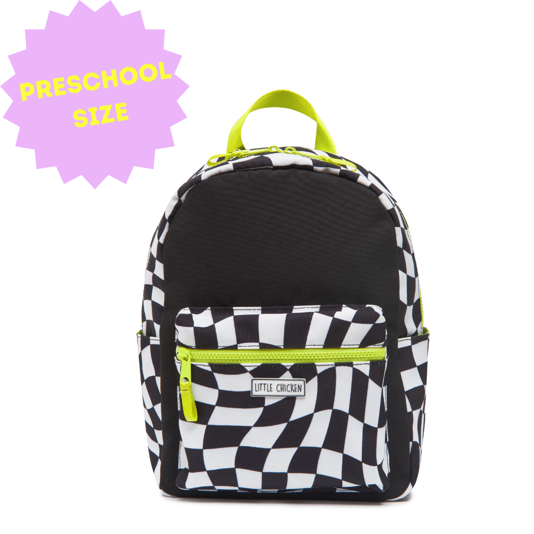 Customizable Preschool Backpack, Black White Checkered With Patches