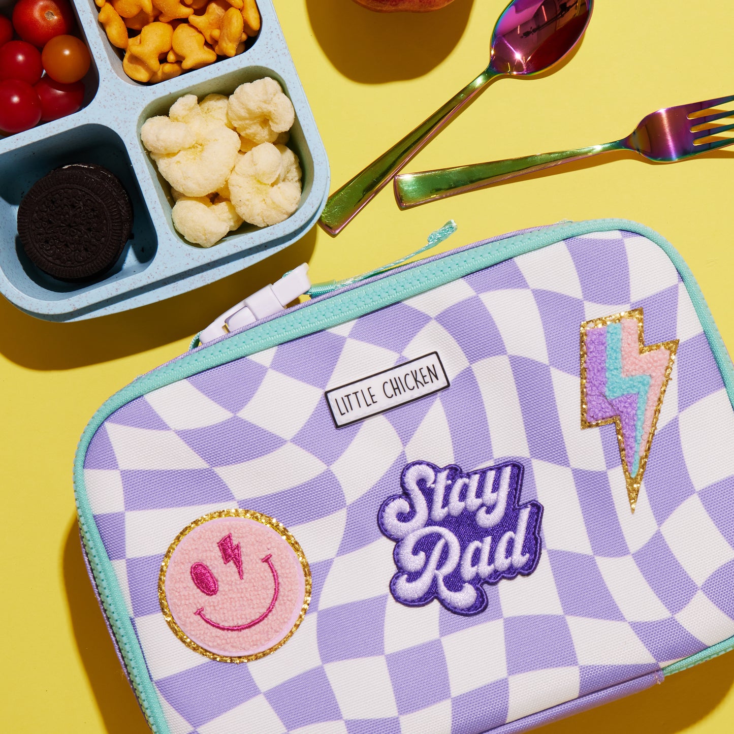 Pre-Patched Purple Checkered Lunch Box