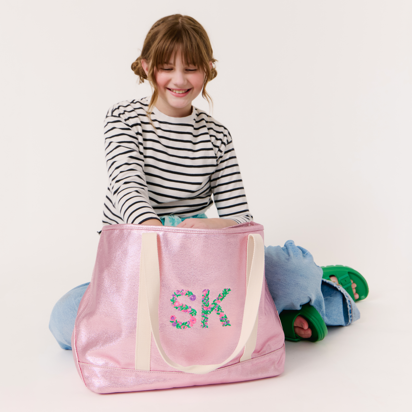 Kids Tote Bag Pink Metallic Canvas - Embroidered Name