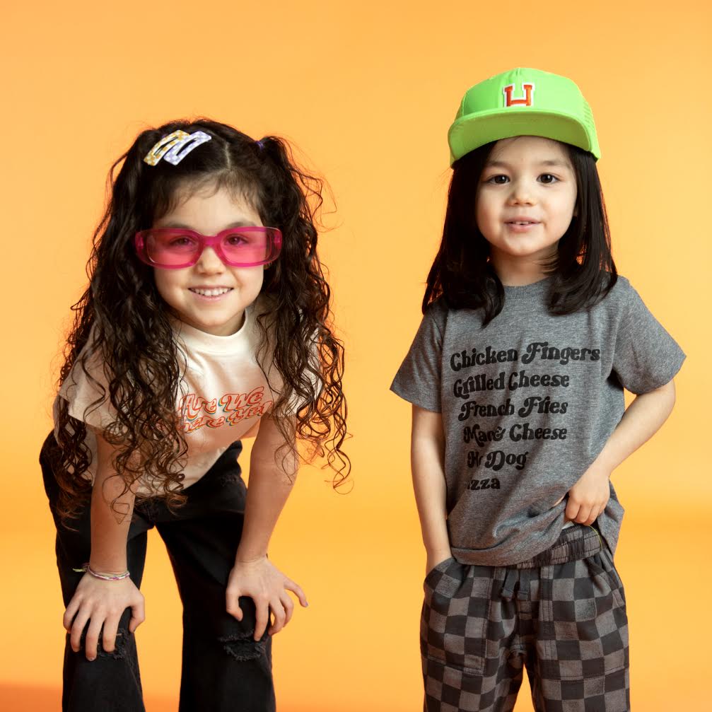 girl wearing a Grey Kids Menu T-Shirt
