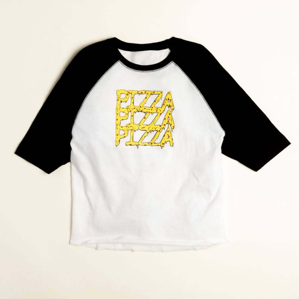 Kids baseball style tee shirt with Pizza graphic decoration