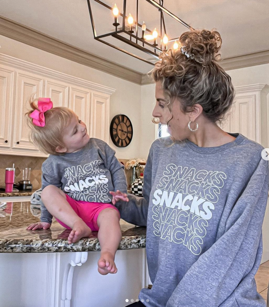 mom and baby wearing a Snacks Crewneck Sweatshirt