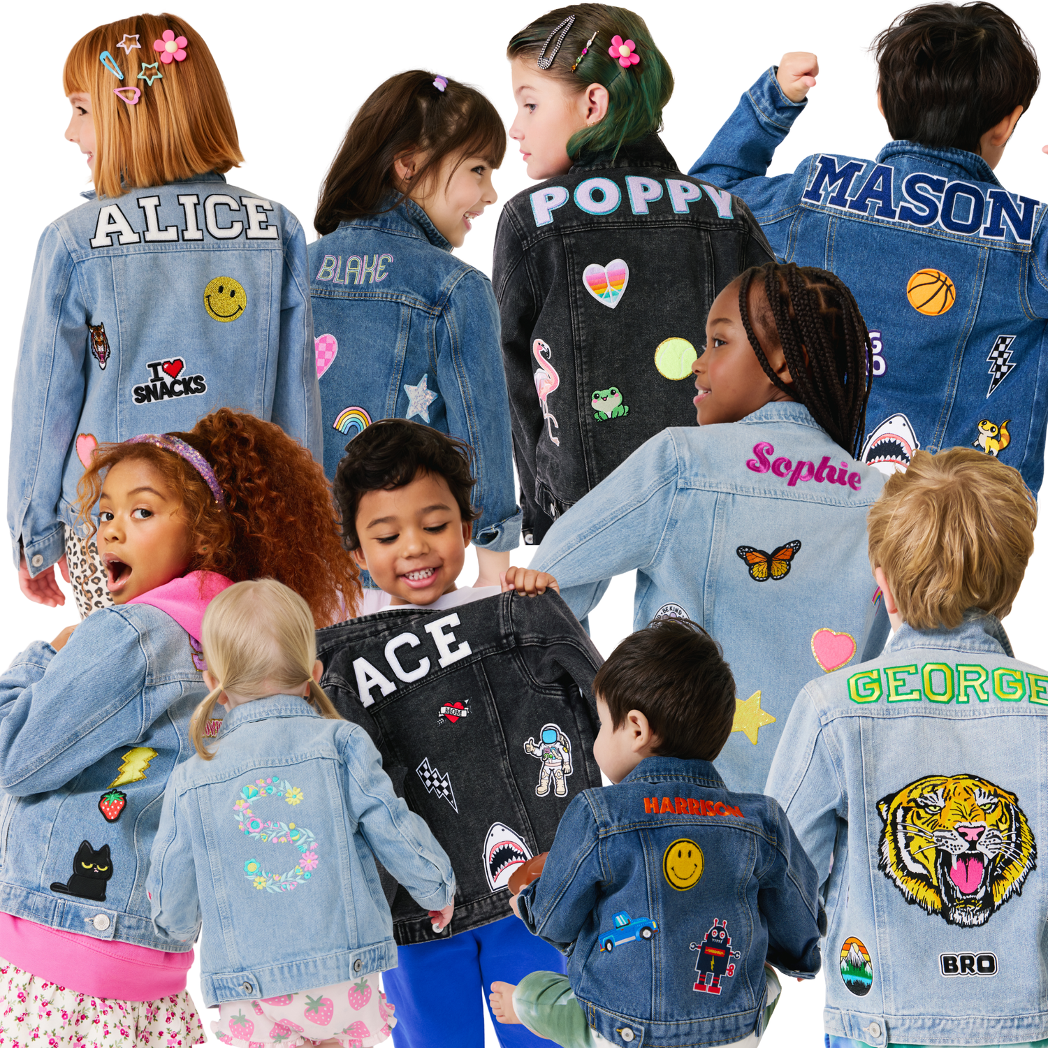 Group of babies and kids wearing personalized denim jackets with embroidered names and custom patches in light wash and dark wash — boys and girls sizes baby to kids