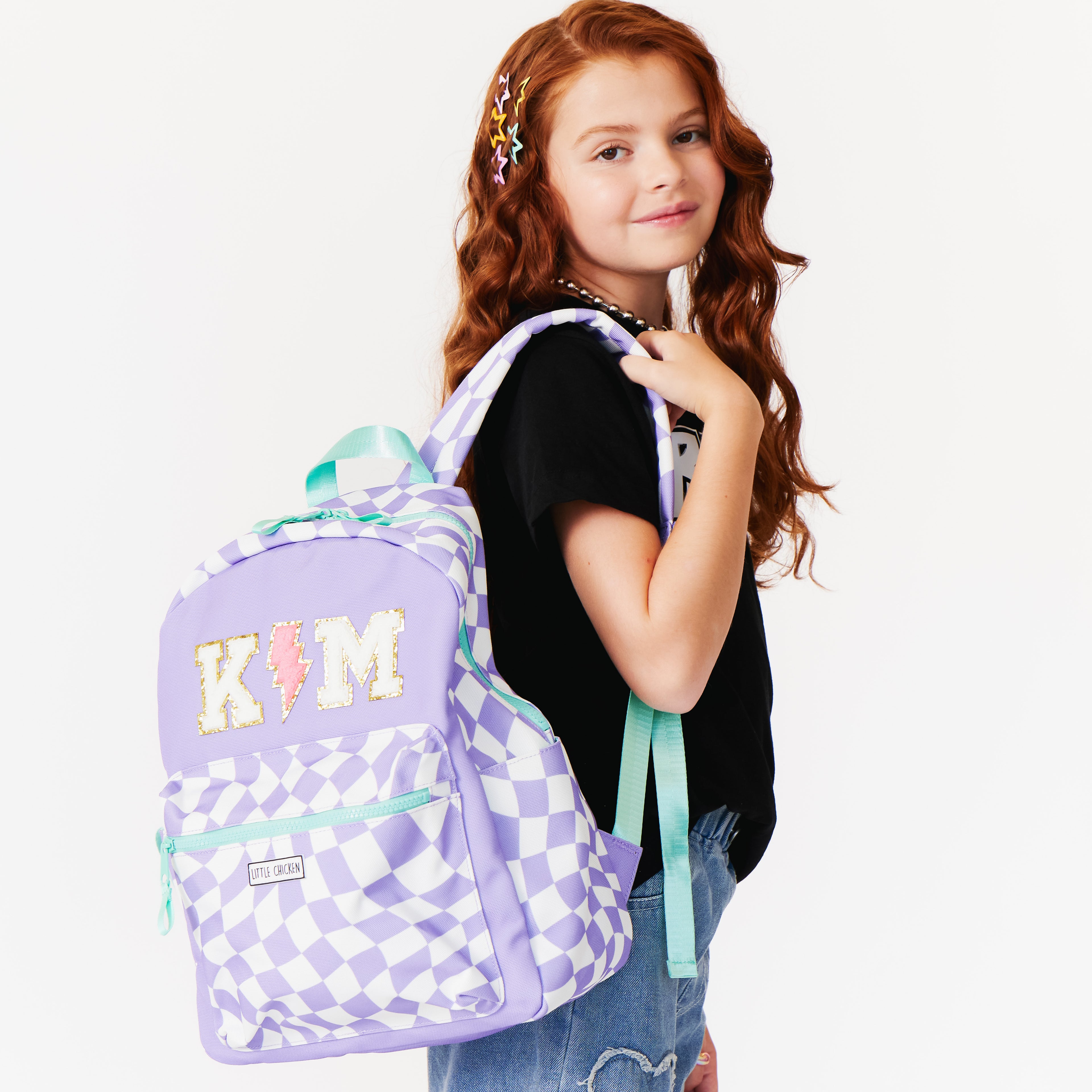 Customizable Backpack With Patches- Purple Checkered