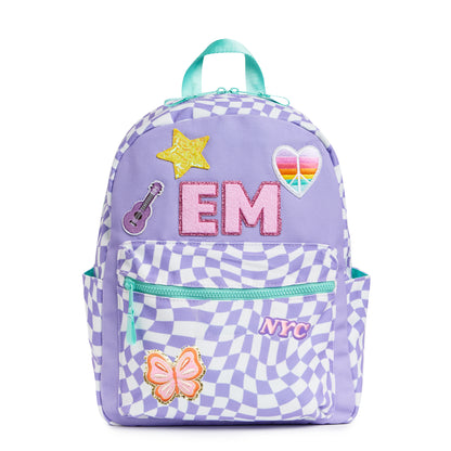 Personalized Purple Checkered Patched Kids Backpack, Medium