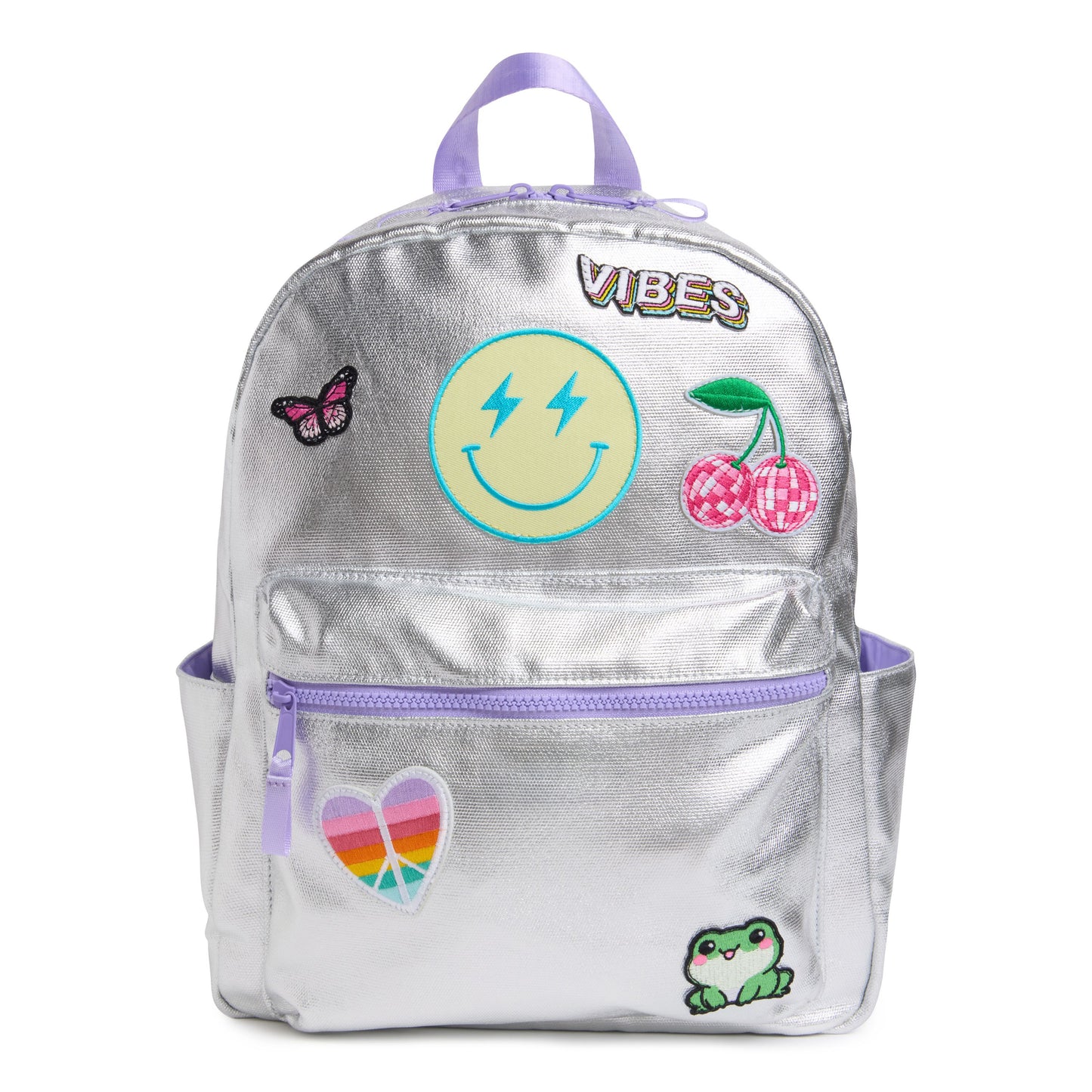 silver kids backpack with patches