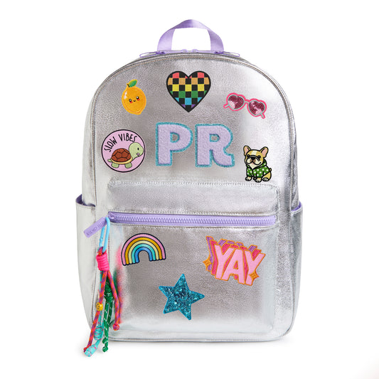 Personalized Silver Metallic Patched Kids Backpack, Large