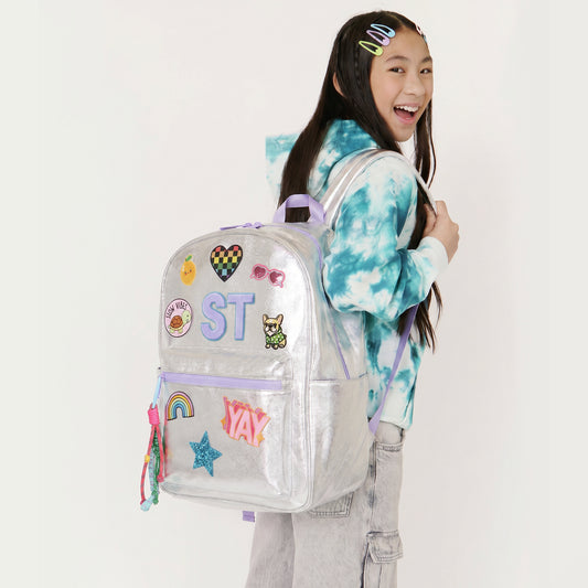 Personalized Silver Metallic Patched Kids Backpack, Large