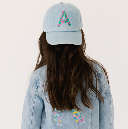 Girls Denim Monogram Floral Hat