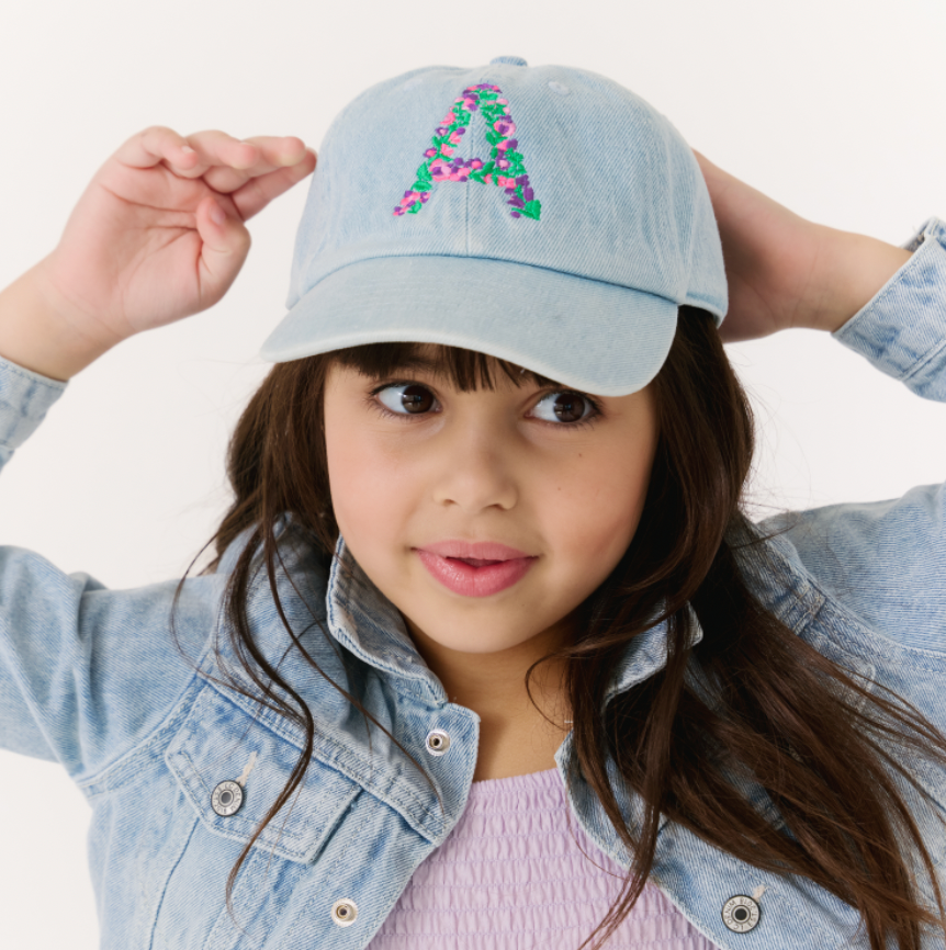 Girls Denim Monogram Floral Hat