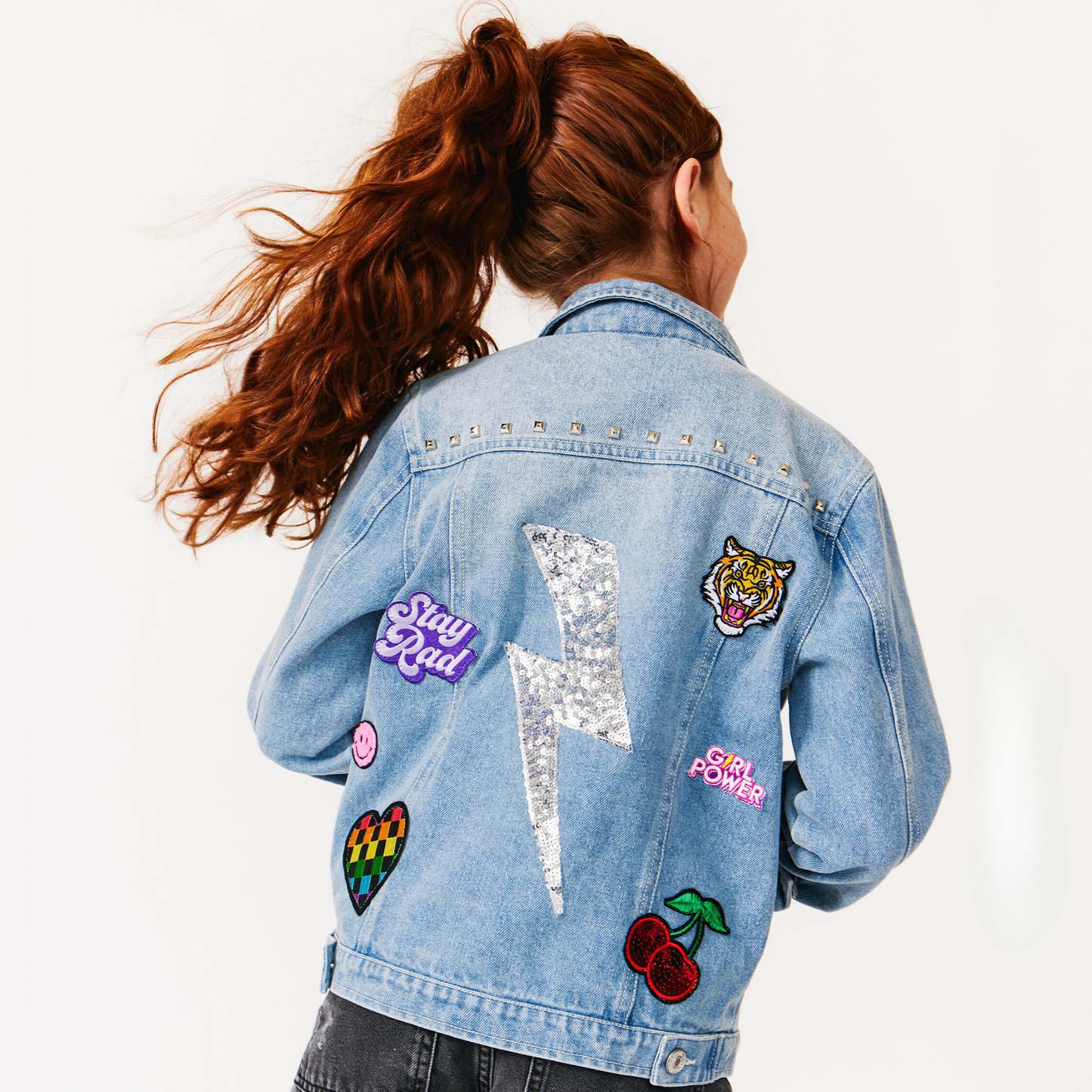 Stud Lightning Bolt Patched Denim Jacket -SHIPS THE NEXT DAY!