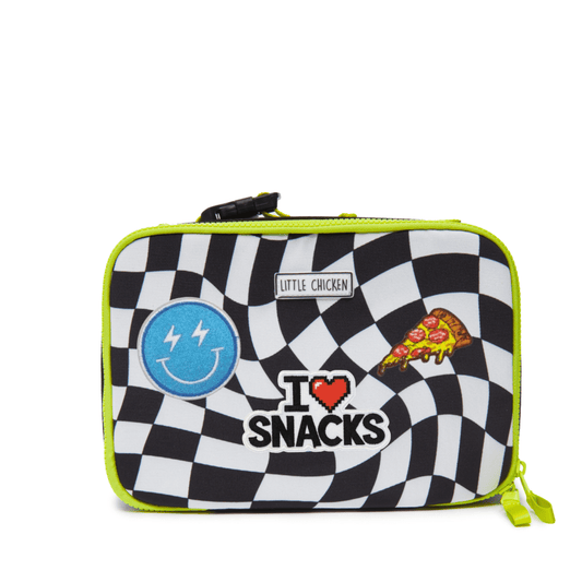 Checkered lunch bag with 'I ❤️ Snacks' text and pizza graphic on a white background