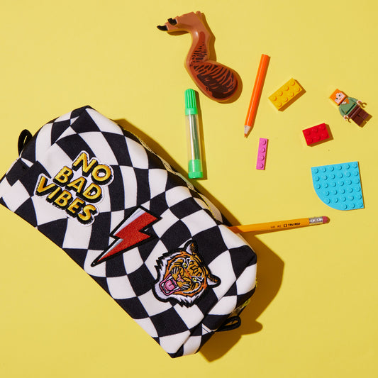 Black Checker Pre-Patched Pencil Pouch- Ships The NEXT DAY!