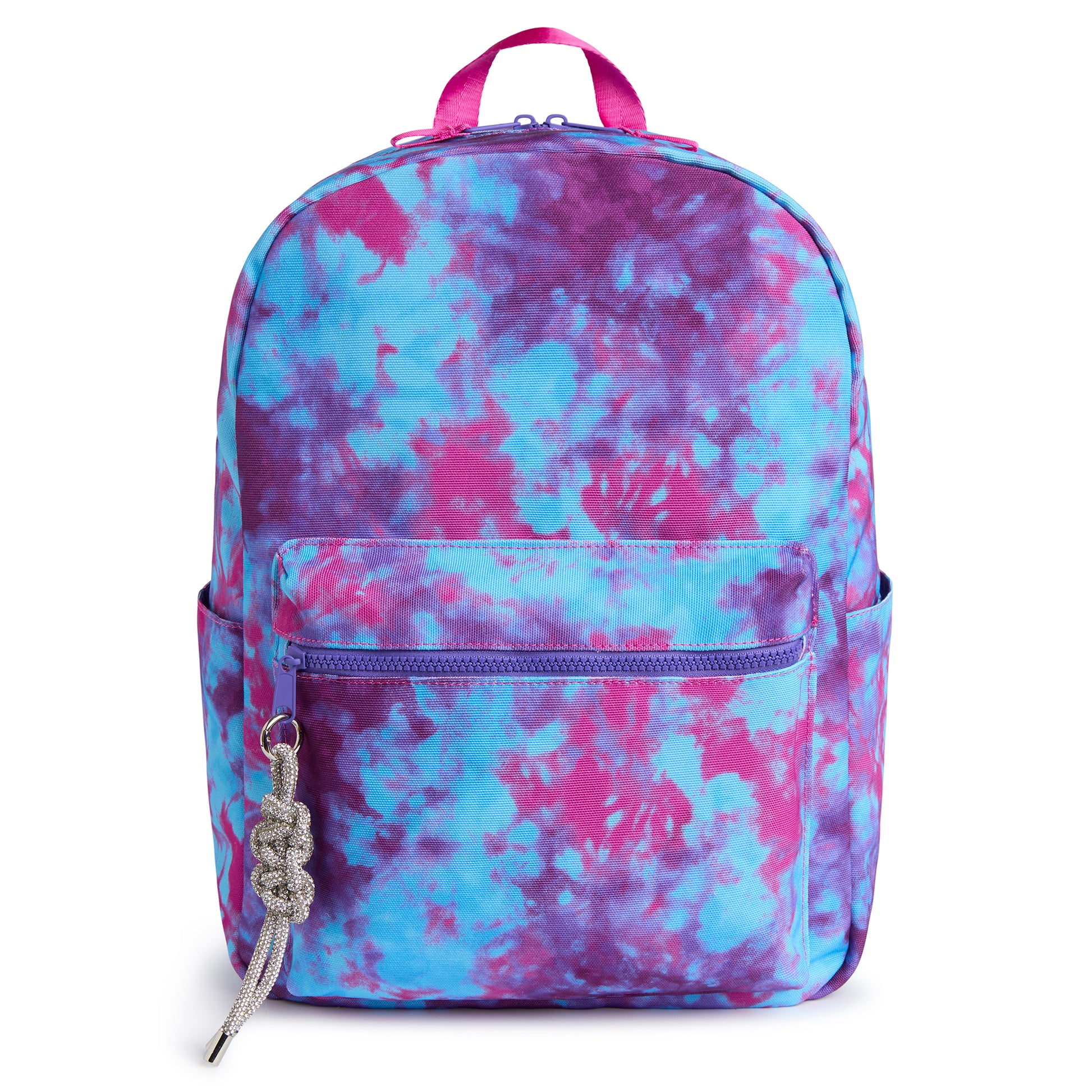 Large purple and blue tie dye backpack for kids with front zip pocket, side pockets and spacious main compartment.