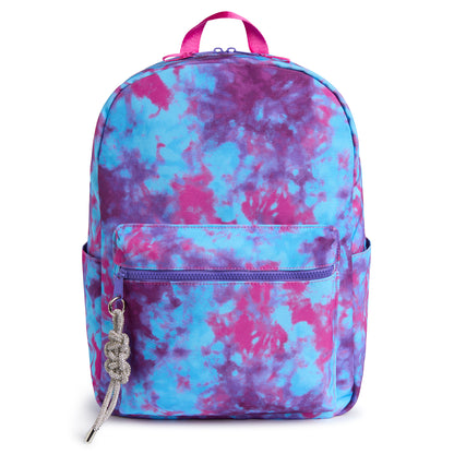 Large purple and blue tie dye backpack for kids with front zip pocket, side pockets and spacious main compartment.