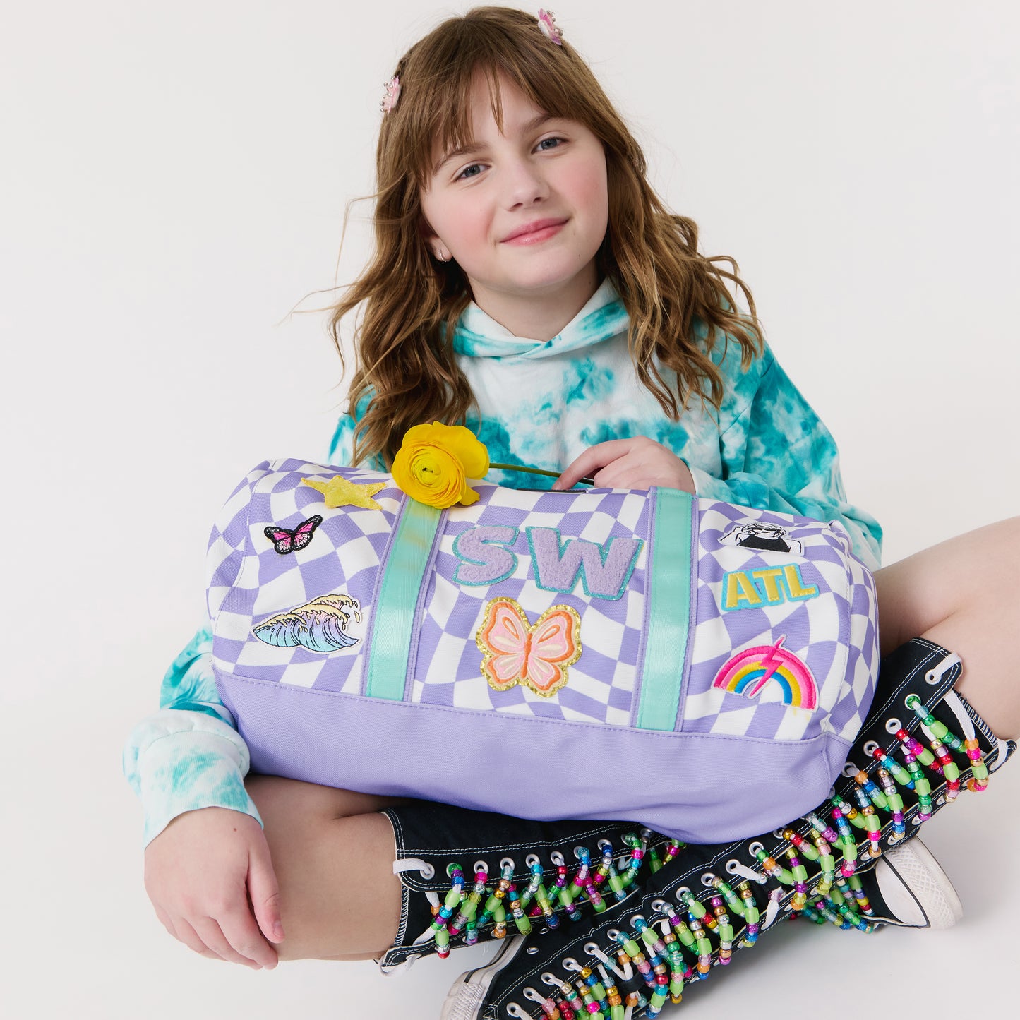 Customizable Purple Checker Kids Duffle Bag – Personalized Travel & Sleepover Bag
