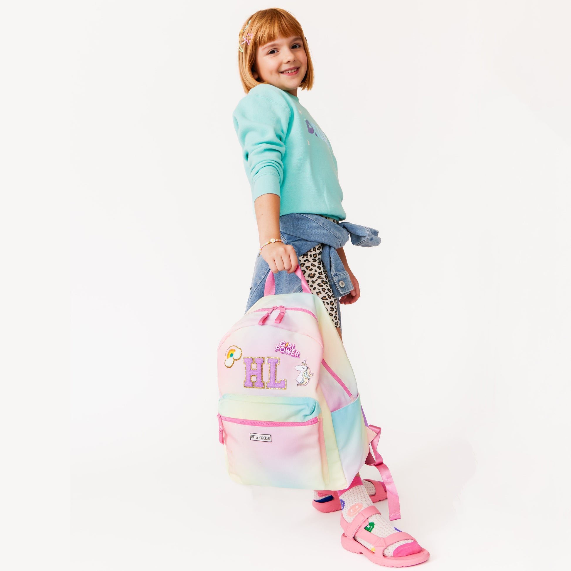 girls patch glitter rainbow mini backpack Little Chicken Patched Backpack