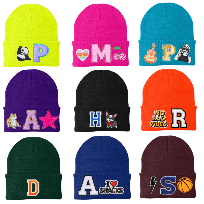 customizable beanies in different colors with various designs and text on a white background