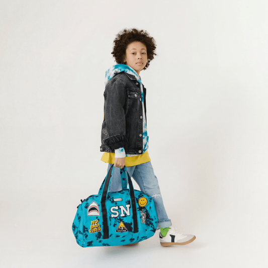 Customizable Blue Tie Dye Kids Duffle Bag – Personalized Travel & Sleepover Bag