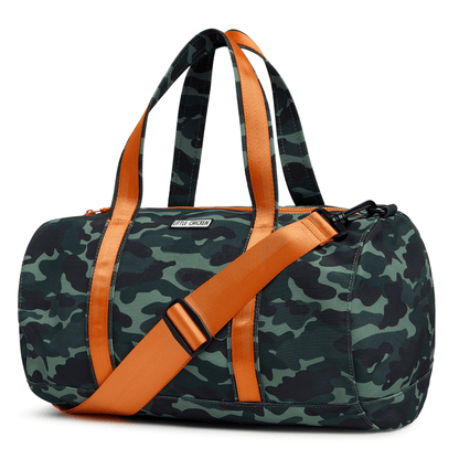 Camouflage duffel bag with orange straps on a white background