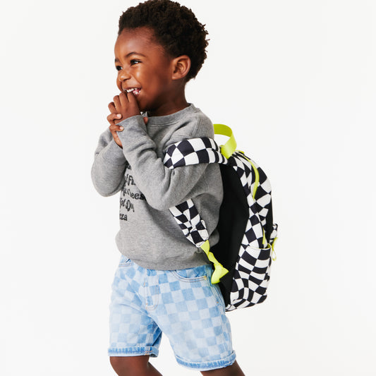 Customizable Preschool Backpack,  Black White Checkered With Patches