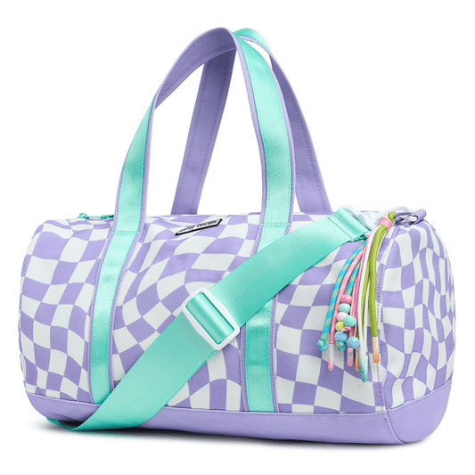 customizable Checkered duffel bag with pastel colors on a white background