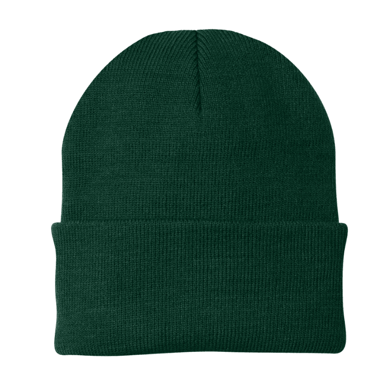 Green knit beanie on a white background