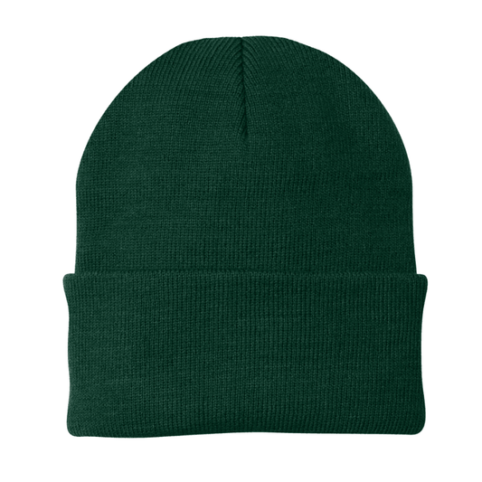 Green knit beanie on a white background