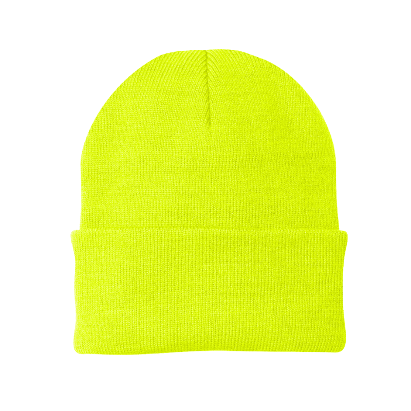 Neon yellow beanie on a white background