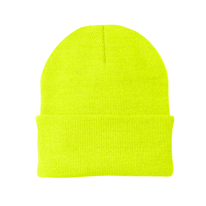 Neon yellow beanie on a white background