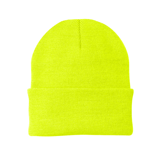 Neon yellow beanie on a white background