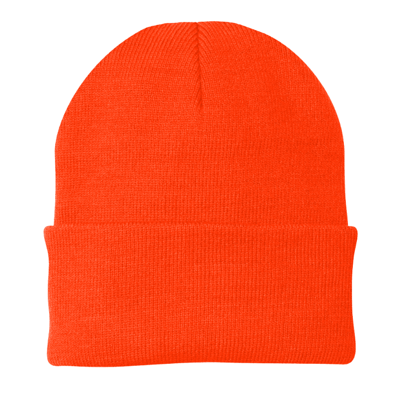 Orange knit beanie on a white background