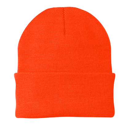 Orange knit beanie on a white background