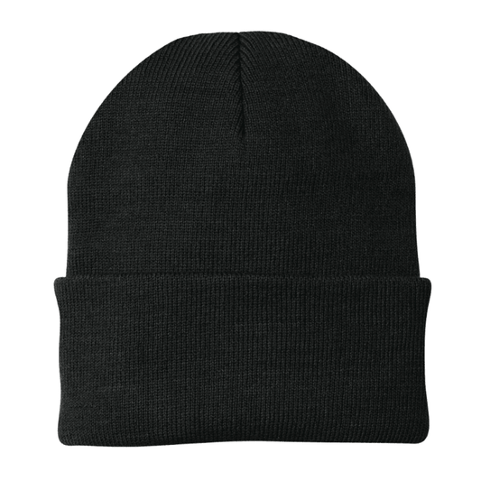 Black kids knit beanie on a white background