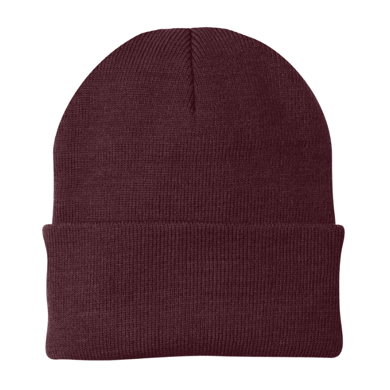 Maroon knit beanie on a white background