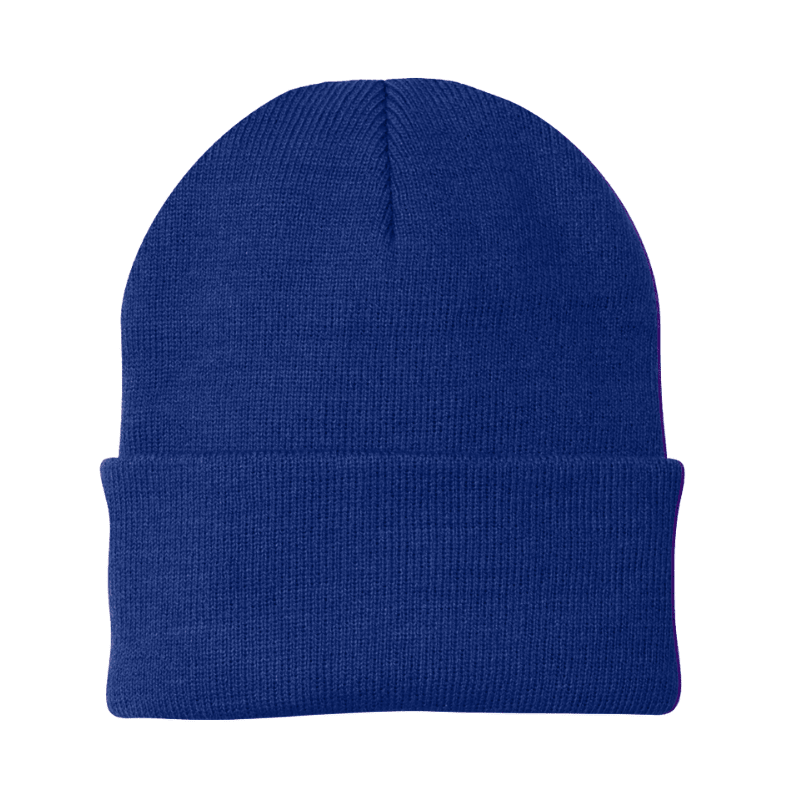 Blue knit beanie on a white background