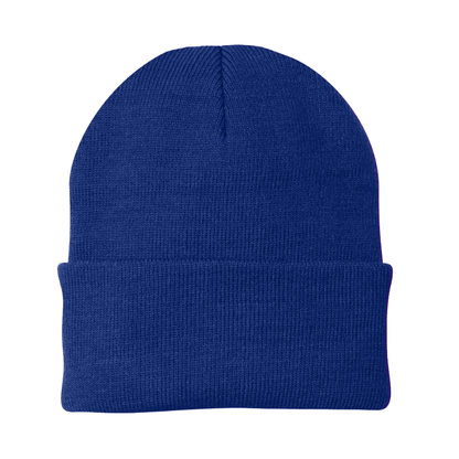 Blue knit beanie on a white background