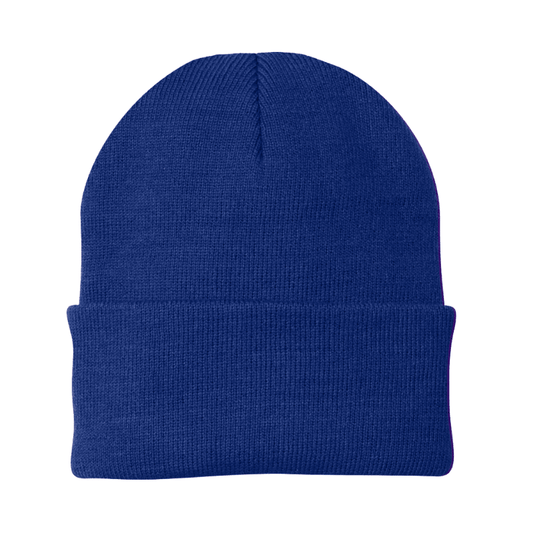 Blue knit beanie on a white background