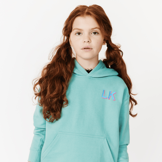 EMBROIDERED INITIAL HOODIE SWEATSHIRT - WAVE BLUE