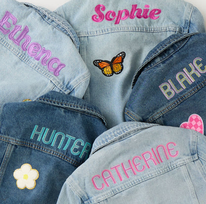 Personalized Kids Denim Jacket – Embroidered Name, Dark Wash