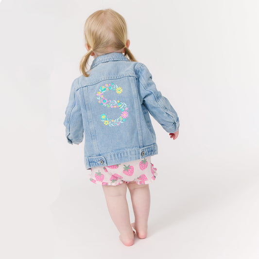 Floral Embroidered  Personalized Baby Denim Jacket, Light Wash