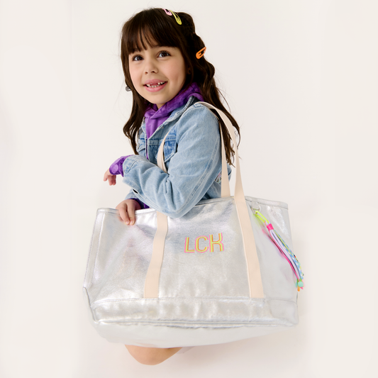 Kids Tote Bag Silver  Metallic Canvas - Embroidered Name