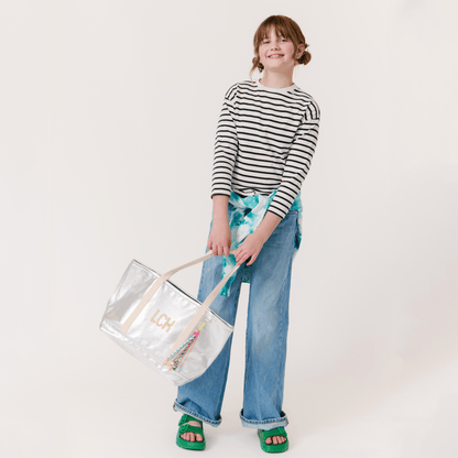 Kids Tote Bag Silver  Metallic Canvas - Embroidered Name