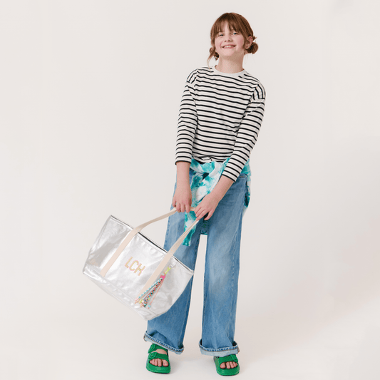 Kids Tote Bag Silver  Metallic Canvas - Embroidered Name