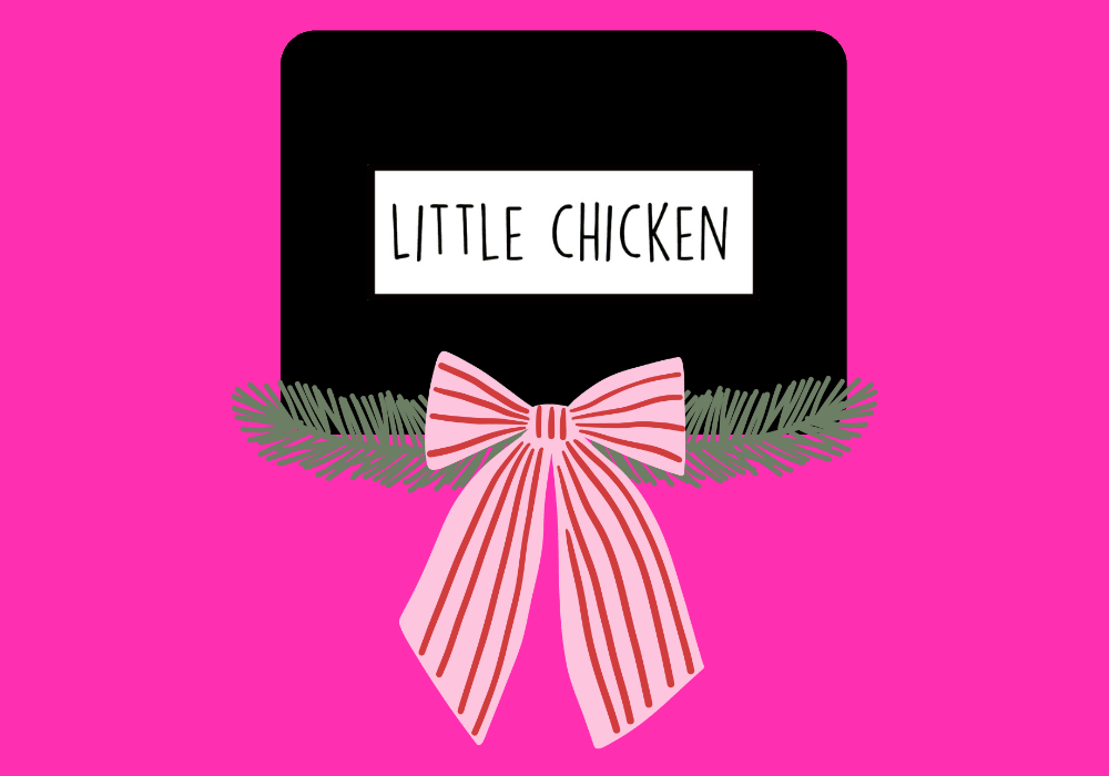 Black box with 'Little Chicken' text and a pink bow on a pink background