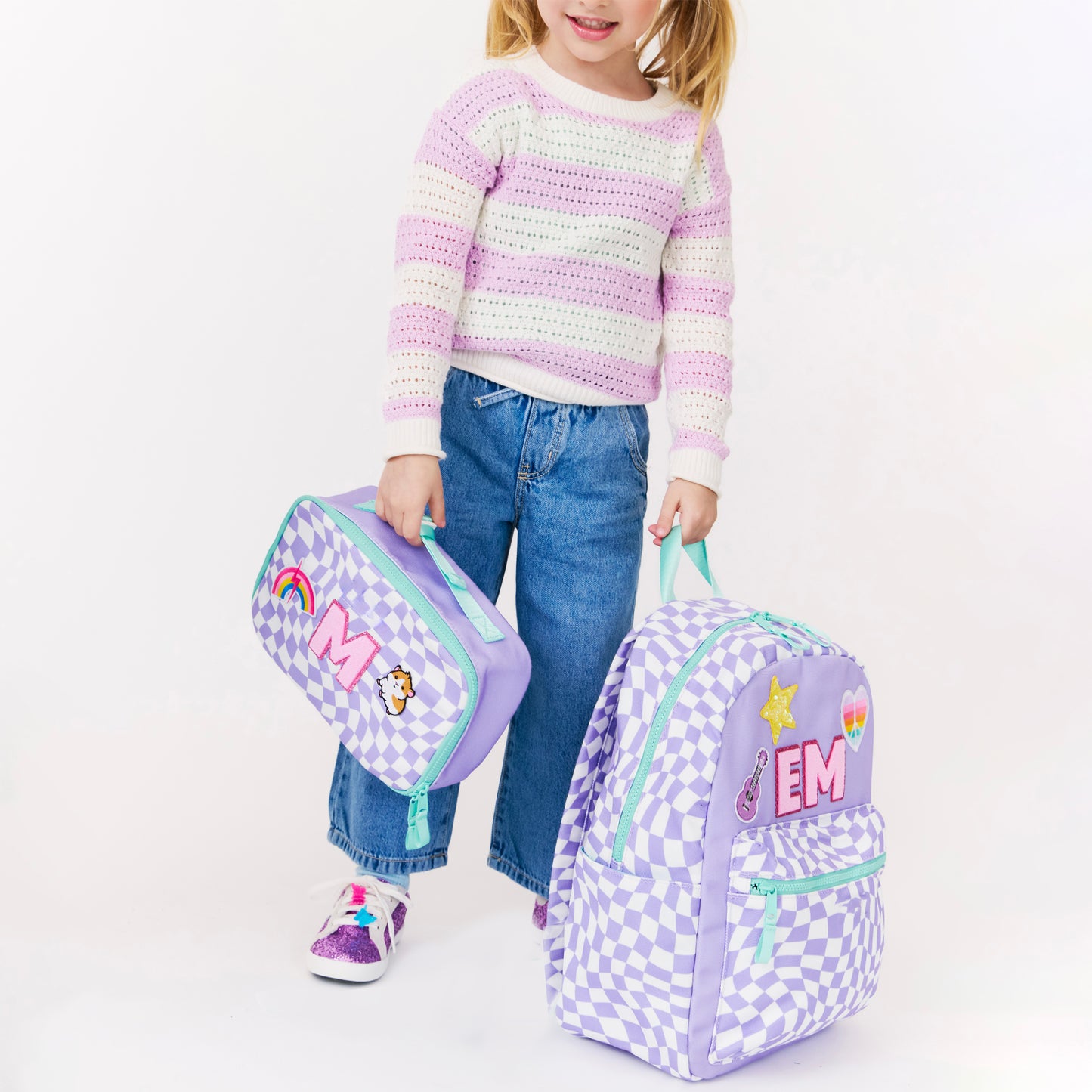 Purple Checkered Personalized Patched Kids Backpack - Medium