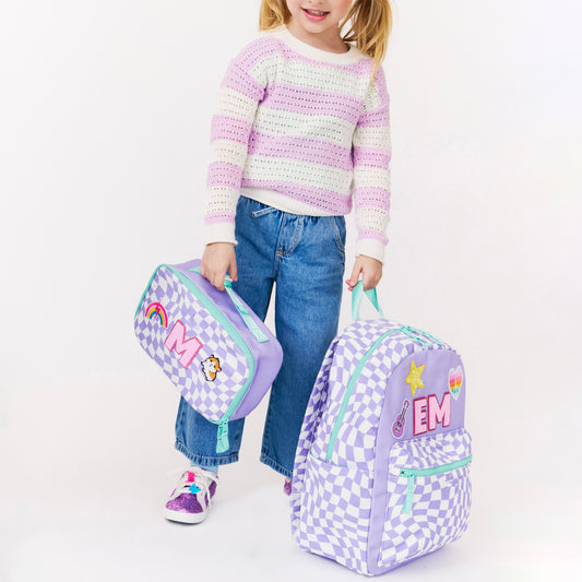 Purple Checkered Personalized Patched Kids Backpack - Medium