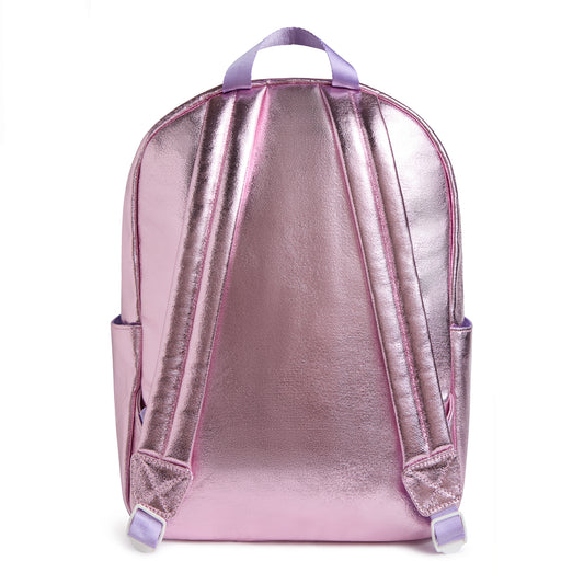 Pink metallic backpack on a white background