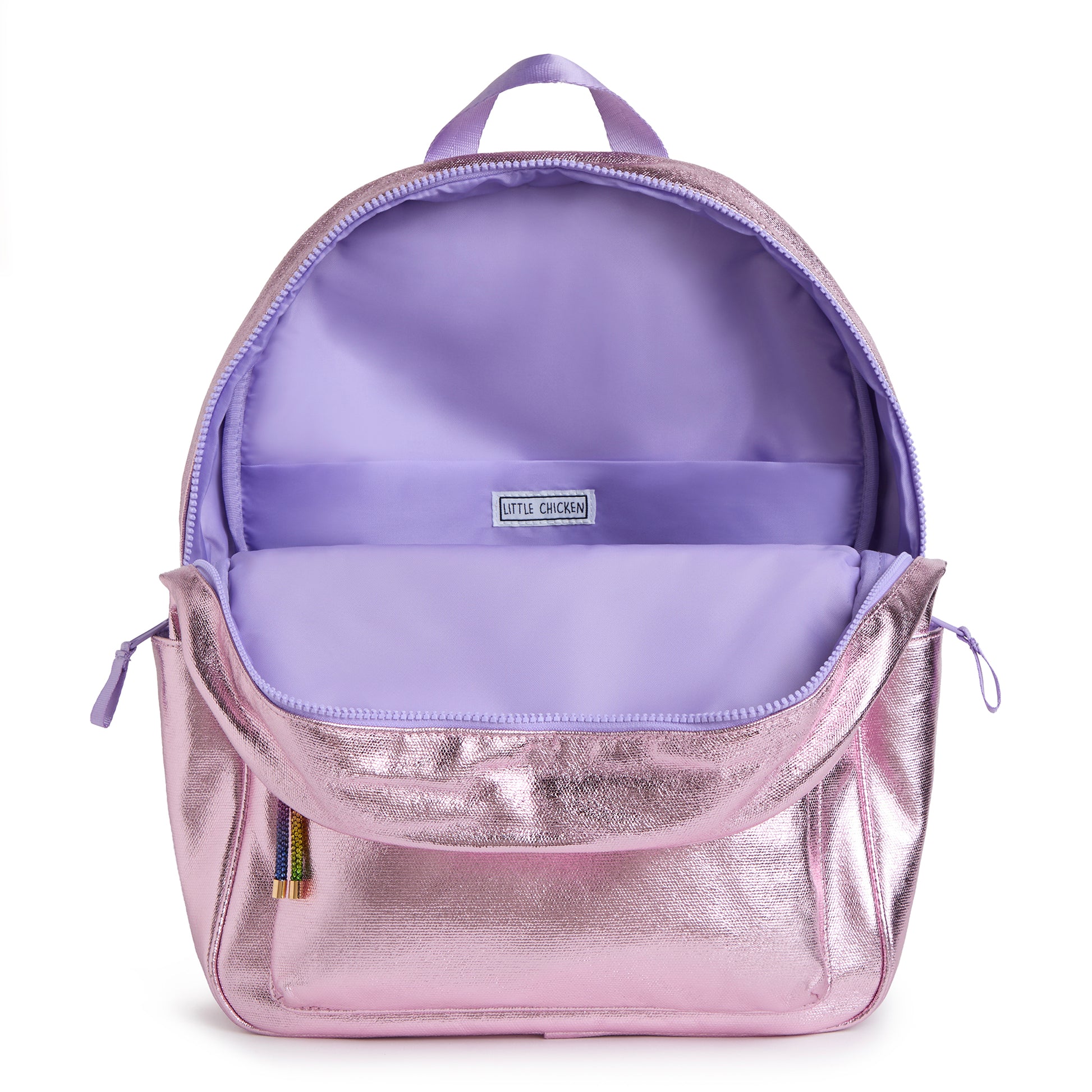 Pink metallic and purple backpack with a visible brand label on a white background