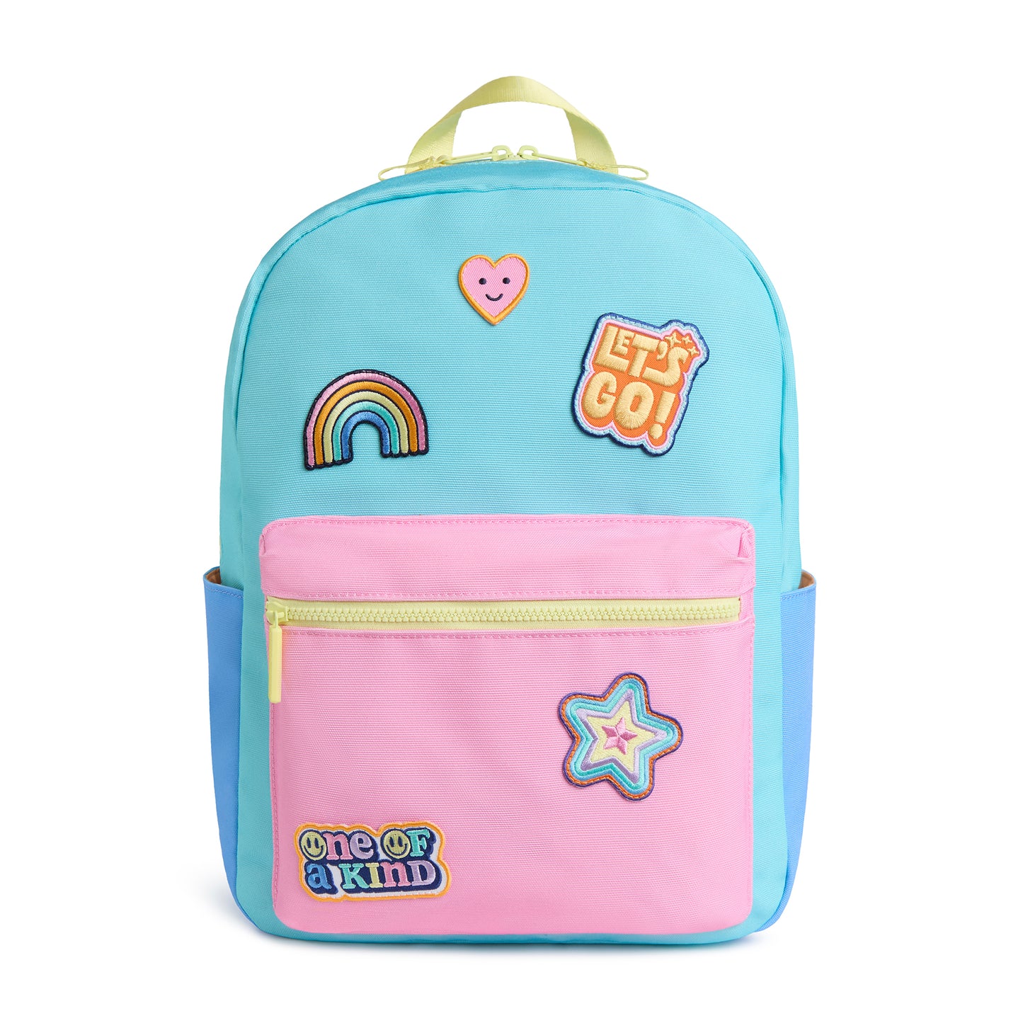 Personalized kids backpack featuring rainbow, heart, star and fun patches in pastel blue and pink colors